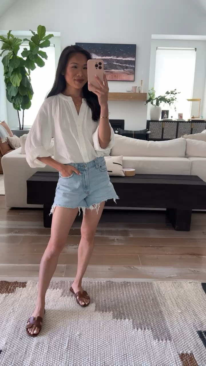 Summer outfit of the day with white gauze top in size XS that is paired with cut off shorts and sandals for a chic look. Can be worn with dress pants for workwear! 

#LTKSeasonal #LTKStyleTip