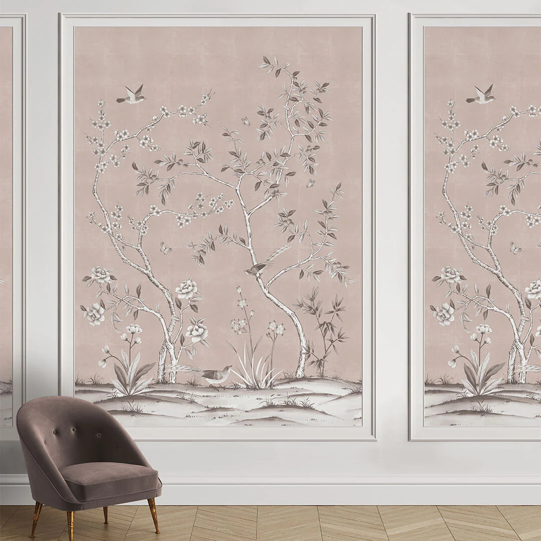 Chinoiserie Garden Peel & Stick Wall Mural in Metallic Blush | Burke Decor