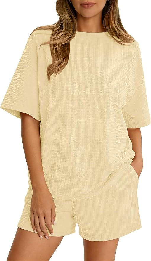 MISSACTIVER Waffle Knit 2 Piece Lounge Set Women Short Sleeve Shirts Shorts Sets Loose Fit Casual... | Amazon (US)
