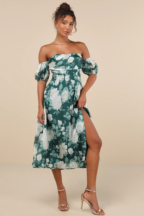 Composed Delight Green Floral Off-the-Shoulder Midi Dress | Lulus