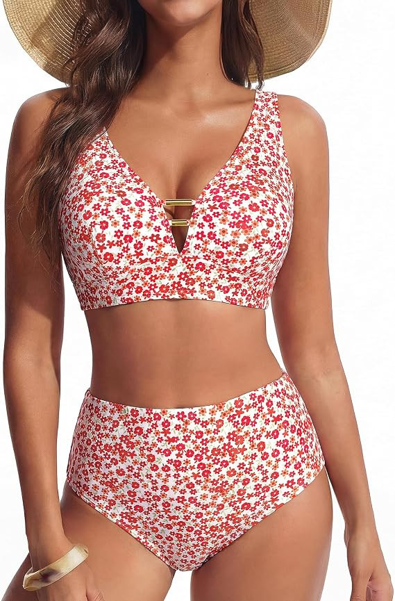 Hanna Nikole Womens High Waisted Bikini Sets Floral Print, 2 Piece Swimsuits Cutout, V Neck Bathi... | Amazon (US)