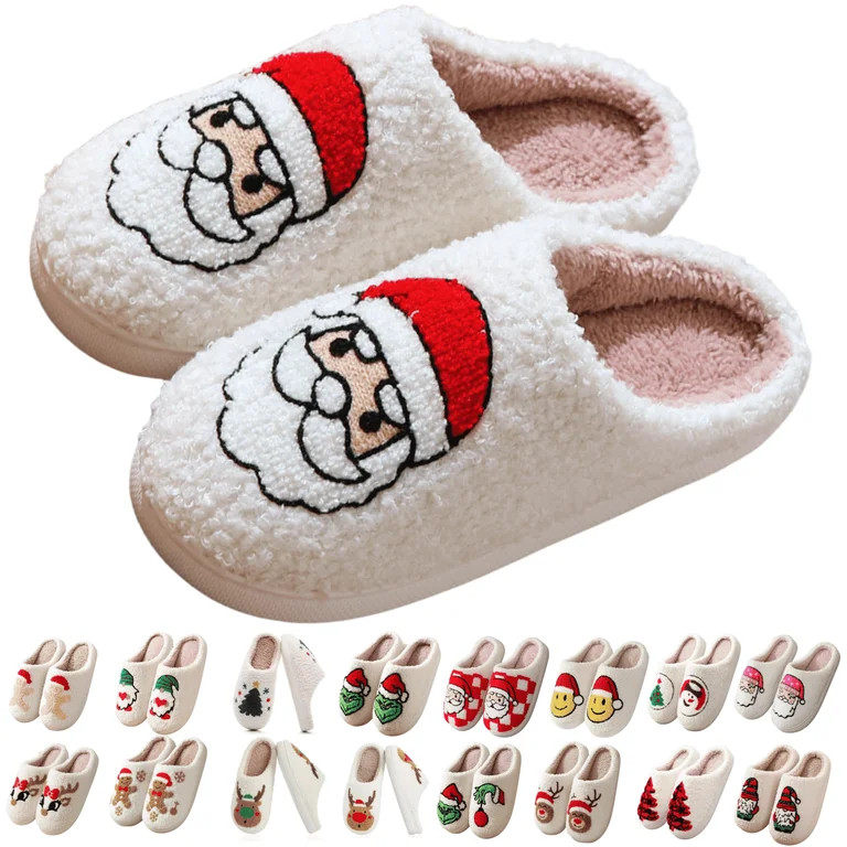 BERANMEY Christmas Reindeer Slippers for Womens Mens Plush Warm Santa Claus Slippers Fuzzy House ... | Walmart (US)