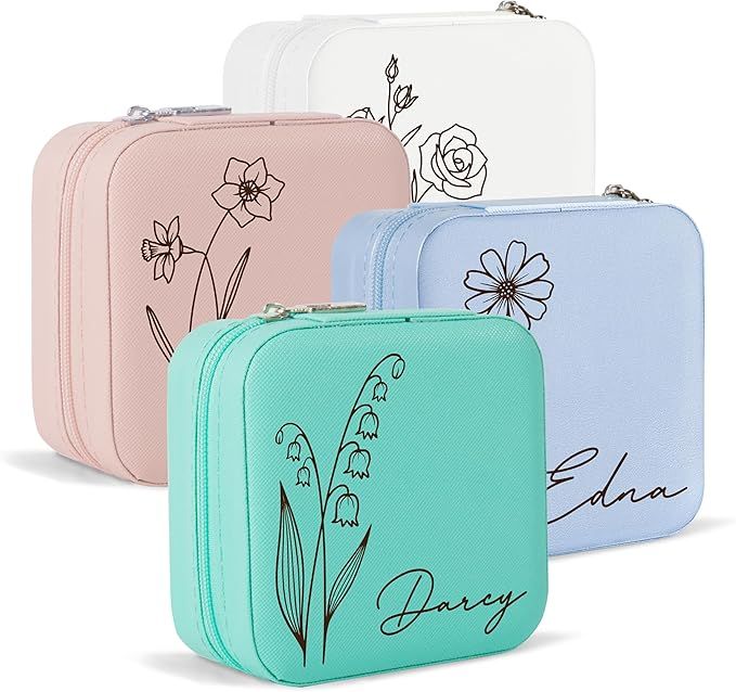 Custom Name Jewelry Box with Birth Flower Personalized Jewelry Travel Case Organizer Bridesmaid G... | Amazon (US)