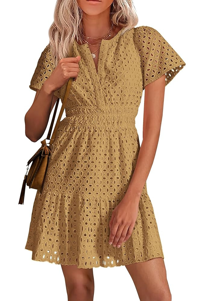 PRETTYGARDEN Womens 2025 Summer Short Dress V Neck Short Sleeve A Line Hollow Out Lace Ruffle Cut... | Amazon (US)