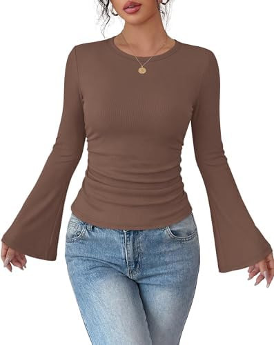 Sampeel Womens Bell Long Sleeve Shirts Ruched Tops Trendy 2026 Y2k Outfits | Amazon (US)