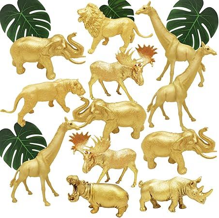 Metallic Gold Plastic Animal Figurines Toys, 12PCS Jumbo Safari Zoo Animal Figures, Jungle Wild A... | Amazon (US)