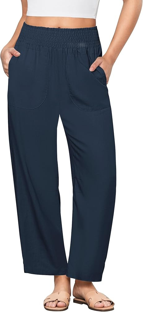 GRAPENT Linen Pants Women Wide Leg High Waisted Cropped Barrel Pull On Smocked Elastic Waist Summ... | Amazon (US)