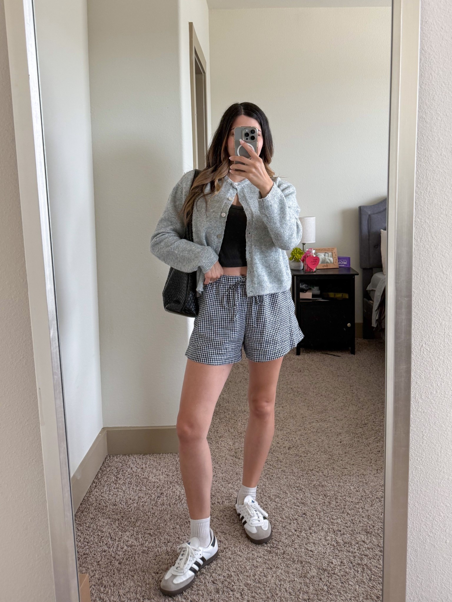 Mall run ootd 🖤
Size small in cardigan, shorts & tank top 


Gingham shorts, grey cardigan, Amazon cardigan, summer outfit ideas, women outfits, causal outfit 