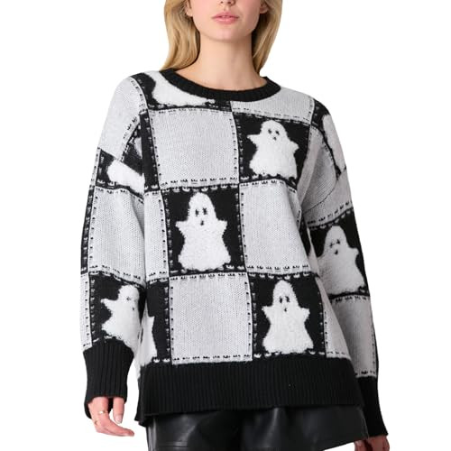 Halloween Sweaters for Women Cute Ghost Pattern Colorblock Pullover Sweaters Gothic Streetwear Knitted Jumper Tops | Amazon (US)