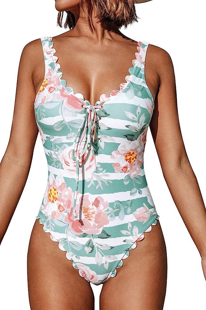 CUPSHE Women's Floral Knotted V Neck Double Straps Scalloped One Piece Swimsuit | Amazon (US)