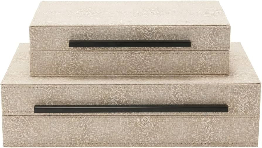 Sagala Set of 2 Ivory Shagreen Decorative Boxes With Black Metal Handles, Faux Leather Jewelry Bo... | Amazon (US)