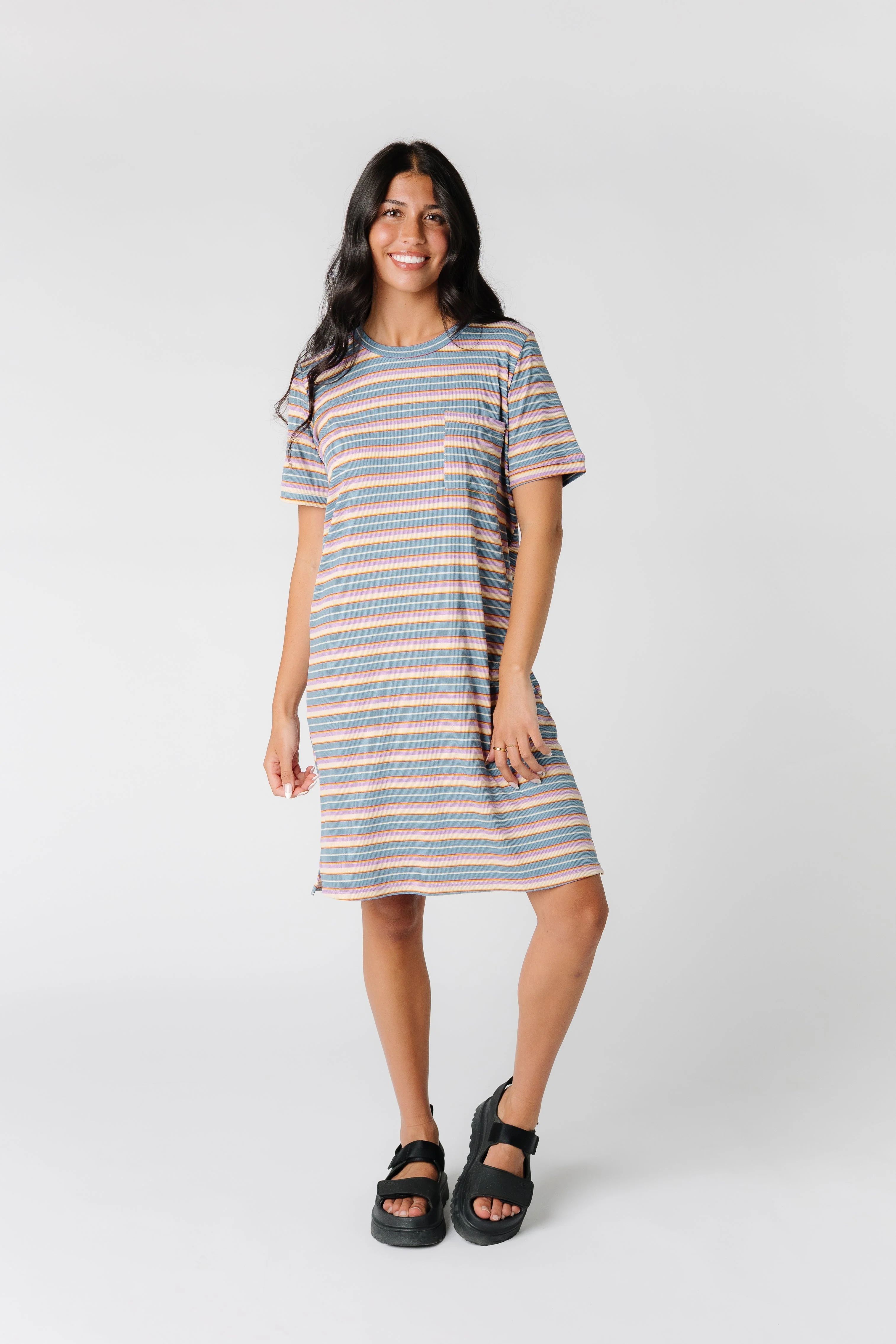 Brass & Roe Cozy T-Shirt Dress - Multi Color Stripe | Called To Surf