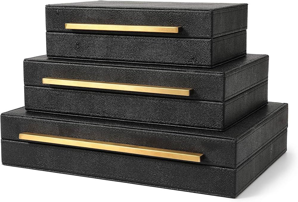 Kingflux Faux Black Shagreen Leather Set of 3 Pcs Decorative Boxes, Storage Boxes Jewelry Organiz... | Amazon (US)