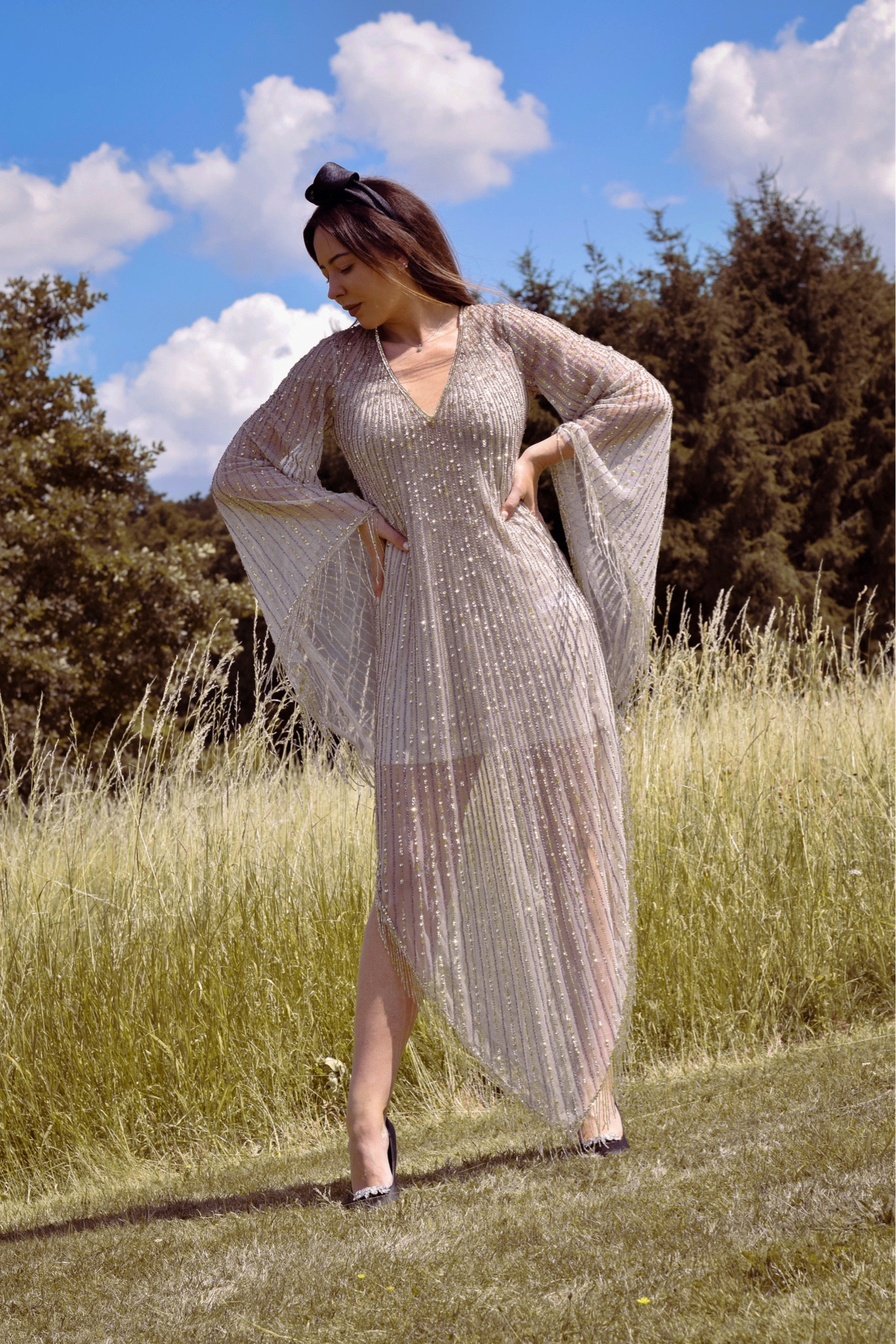 Sheet crystal embellished kimono sleeve fringe maxi dress, black detail headband, black heels 

#LTKSeasonal #LTKeurope #LTKstyletip