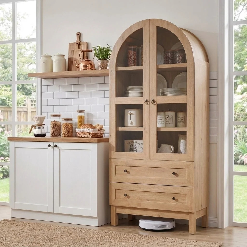 Aitjunz 71" Tall Arched Storage Cabinet with Glass Doors & 2 Drawers, Farmhouse Wood Pantry Cabin... | Walmart (US)