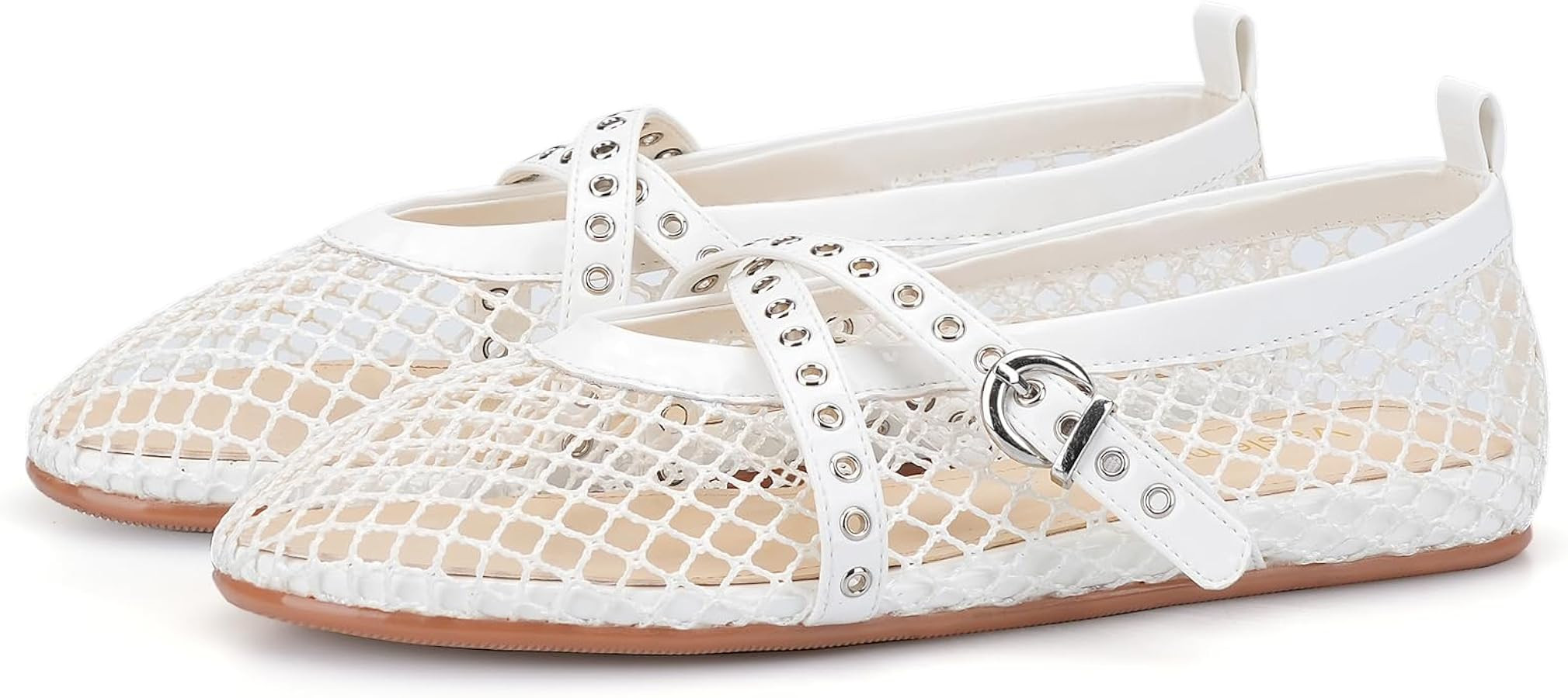 Women Mesh Ballet Flats Strappy Fishnet Buckle Flats Mary Jane Ballerina Shoes Sexy Casual Flat D... | Amazon (US)