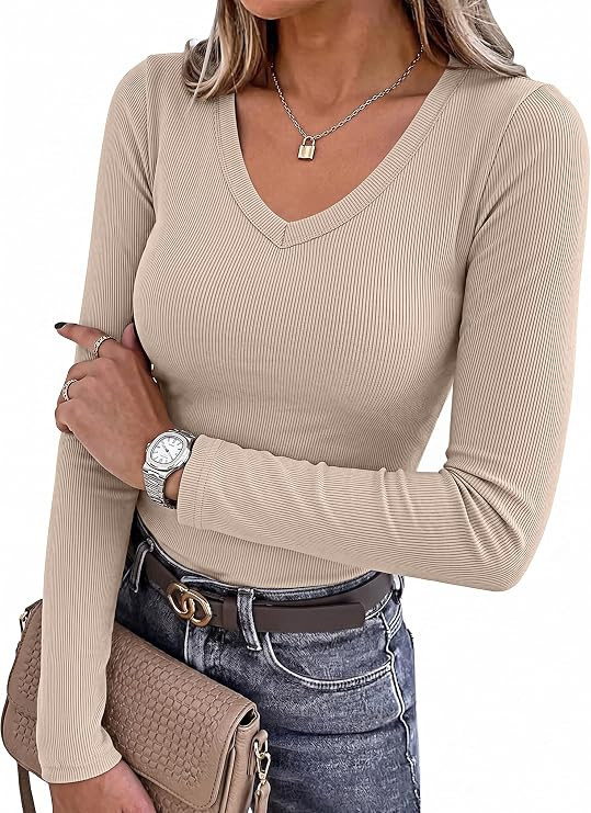 Zeagoo Long Sleeve Shirts for Women V Neck Tops Ribbed Slim Fit Basic Tee | Fall Outfits Casual T... | Amazon (US)