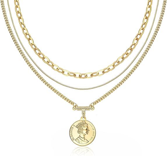 ACC PLANET Gold Layered Necklace for Women, 14K Gold Plated Coin Cross Pendant Necklace Chunky Ch... | Amazon (US)