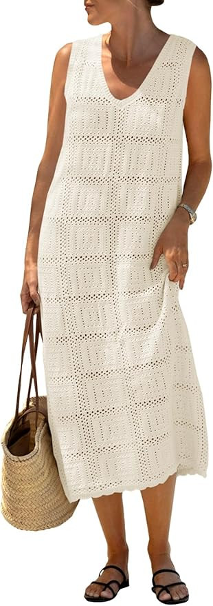 Fisoew Womens Crochet Sleeveless Dress Casual Summer V Neck Boho Knit Cover Up Beach Vacation Mid... | Amazon (US)