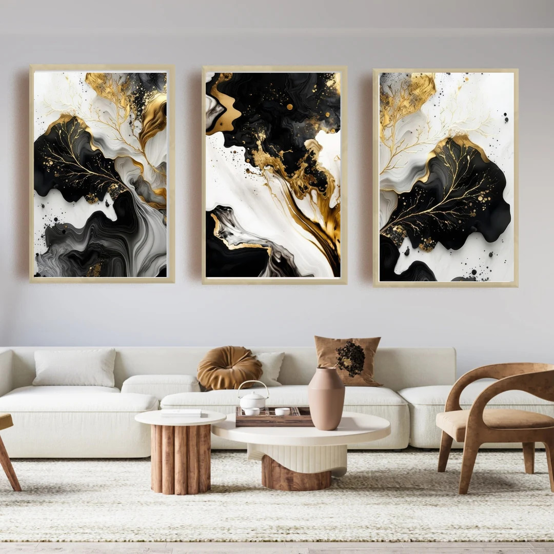 Black White and Gold Wall Art, Marble Wall Art, Black Grey and Gold Set of 3 Wall Prints, Extra L... | Etsy (US)