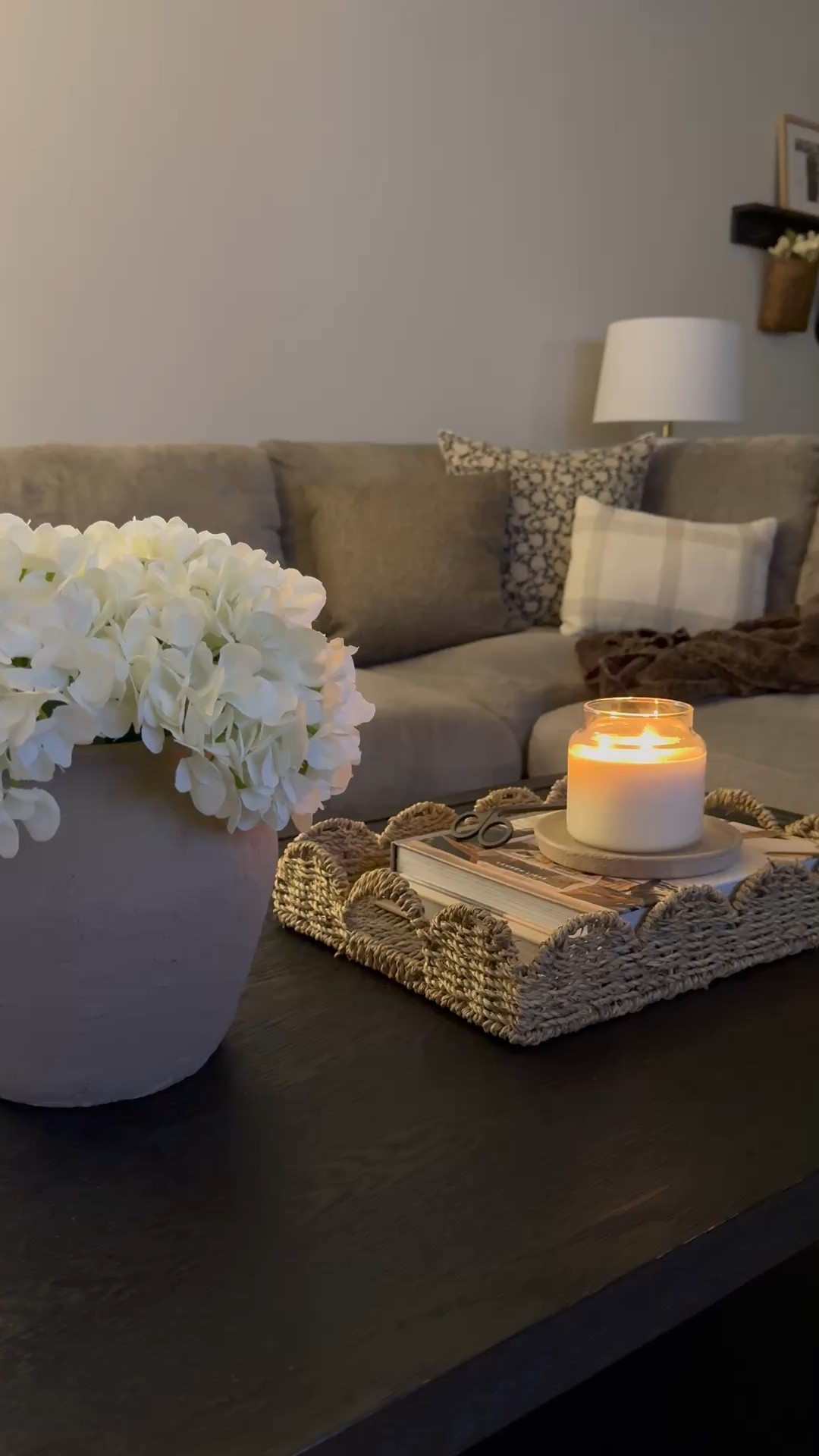Living room decor, spring decor, pillow cover, plaid pillow cover, floral cover, hydrangea stems, beige vase, brown vase, scallop tray, candle dish

#LTKSeasonal #LTKHome #LTKSaleAlert