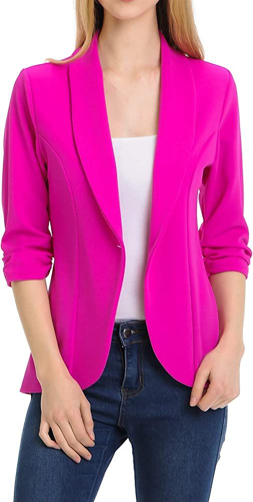 MINEFREE Women's 3/4 Ruched Sleeve Lightweight Work Office Blazer Jacket (S-3XL) | Amazon (US)