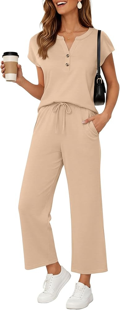 JINKESI Women's 2 Piece Lounge Set Fall Outfits V Neck Tops With Pants | Amazon (US)