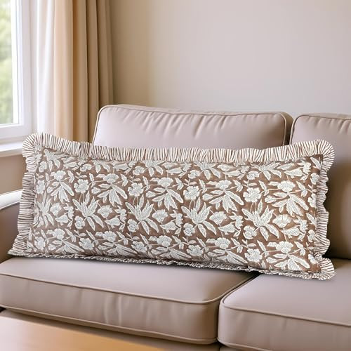 Ridhi Block Print Oak Brown 36"x14" Set 1-100% Cotton Ruffle Lumbar Sham Cover Boho Floral Pillow... | Amazon (US)