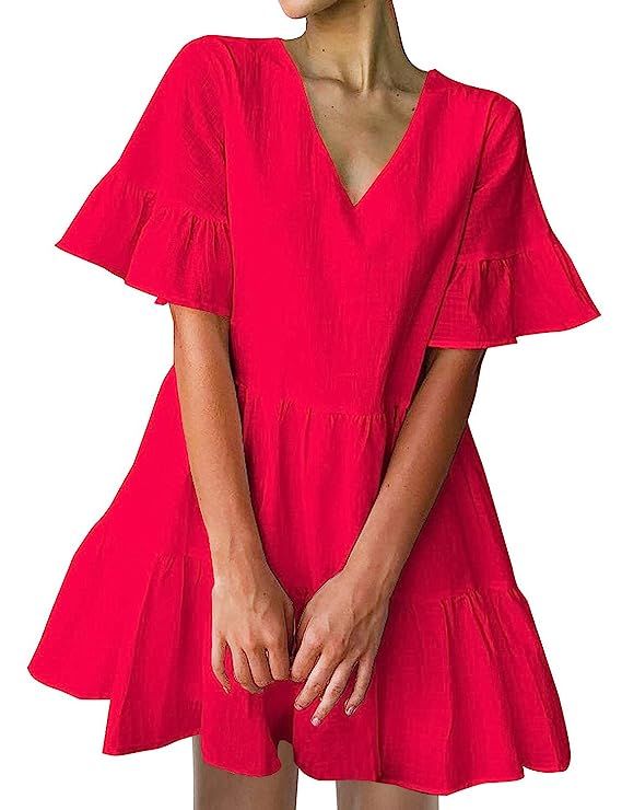 FANCYINN Women’s Cute Shift Dress with Pockets Fully Lined Bell Sleeve Ruffle Hem V Neck Loose ... | Amazon (US)