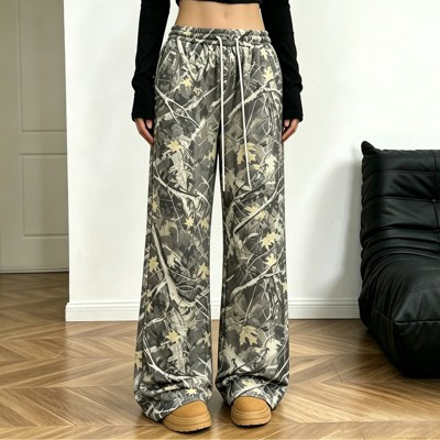 EadianDree Wide Leg Pants for Women Camo Print Drawstring Elastic Waist Casual Trousers with Pockets,Green,Medium | Target