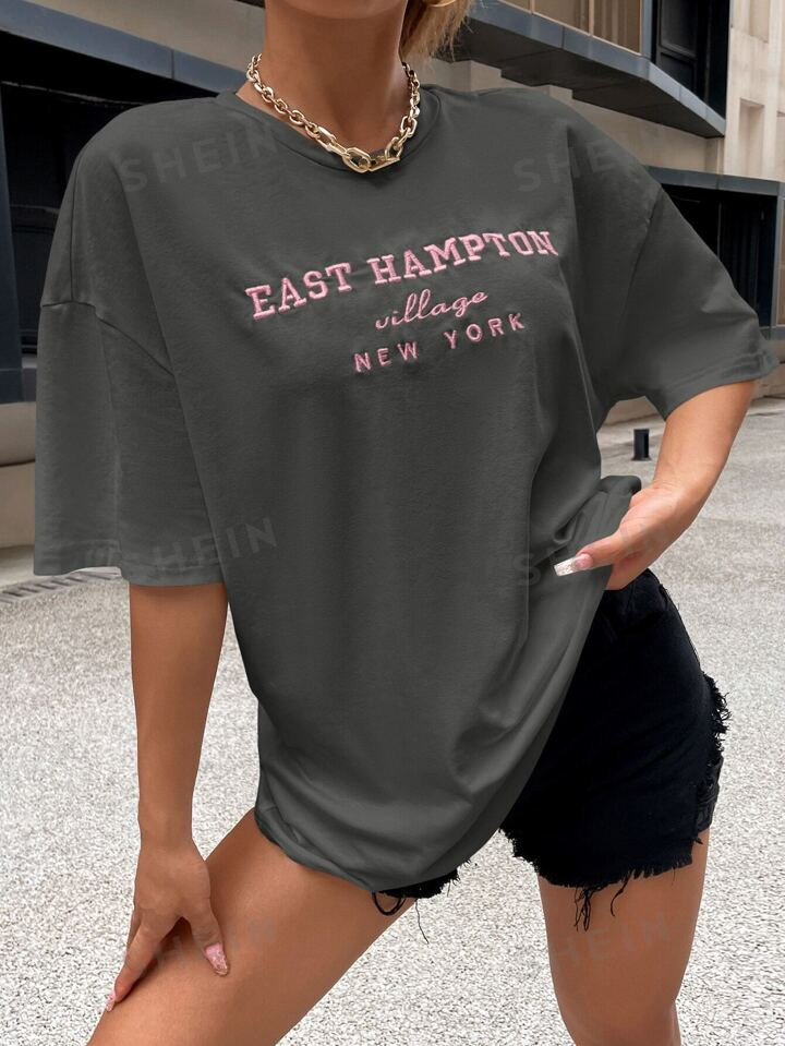 SHEIN EZwear Drop Shoulder Letter Embroidery Top | SHEIN