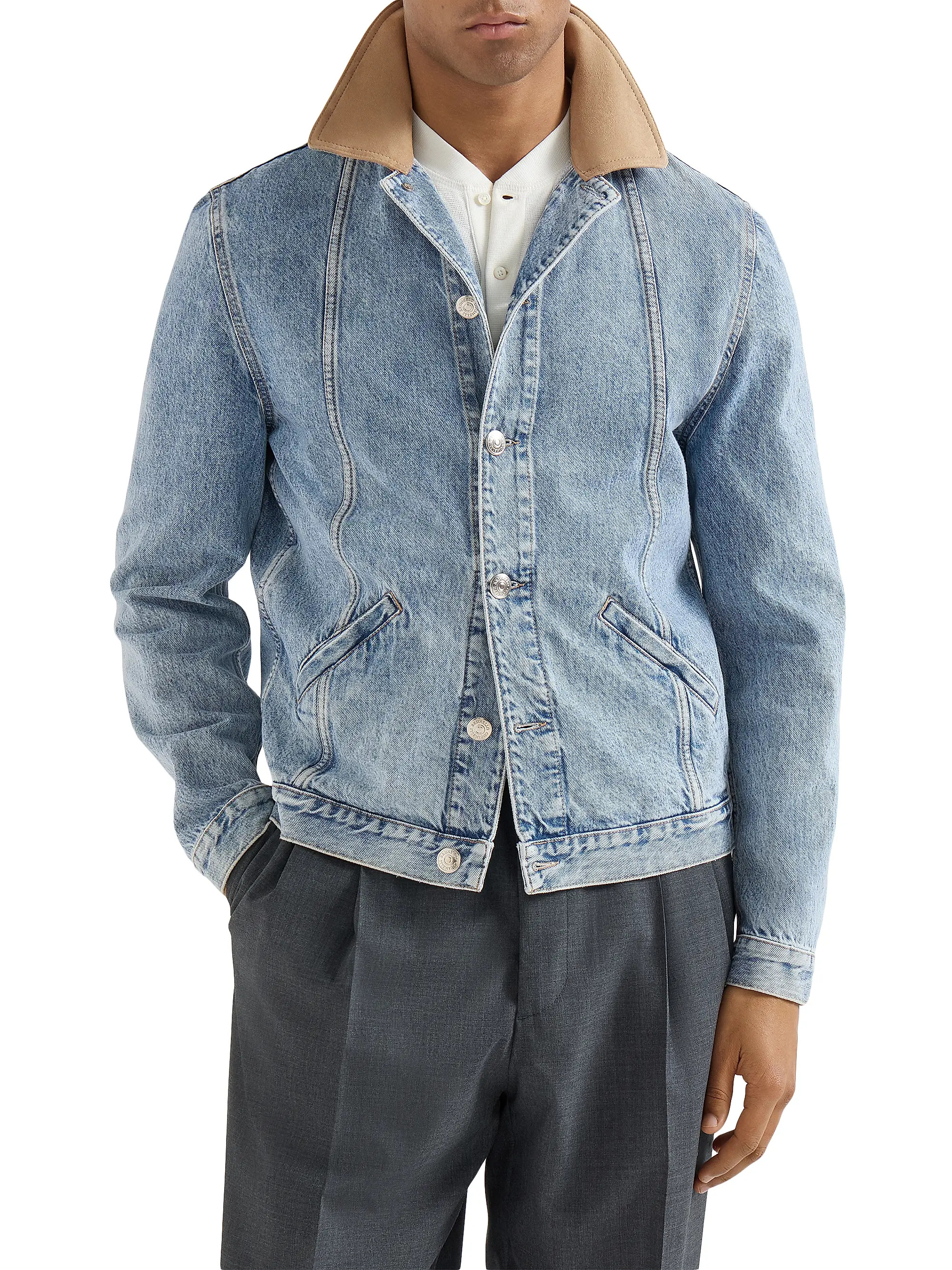 Brunello Cucinelli Denim Outerwear Jacket with Suede Collar | Saks Fifth Avenue | Saks Fifth Avenue