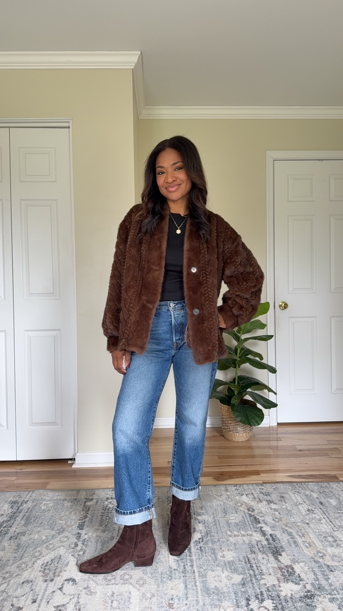 Wearing a small in the faux fur jacket, size 27 28 L in the jeans and TTS in the ankle boots.

#LTKootd #LTKgrwm #LTKOver40