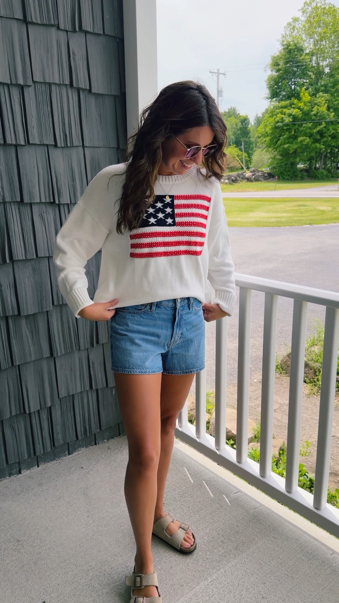 small in this 100% cotton flag sweater (it’s sooo nice! Love the cropped length, which is more like a regular length on me bc I’m petite). My shorts are size 00 (greens blue color). My sandals are size 36.

#LTKPetite #LTKgrwm #LTKootd