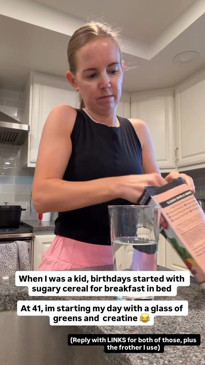 When I was a kid, birthdays started with sugary cereal for breakfast in bed 

At 41, im starting my day with a glass of greens and  creatine 😂

#LTKOver40 #LTKActive #LTKselfcare