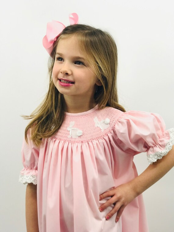 Easter Bunny Smocked Bishop Dress in pink | Etsy (US)