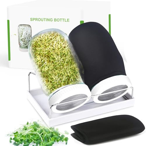 Seed Sprouting Kit, 2 Large Wide Mouth Mason Jars with Sprout Lids, Blackout Sleeves, Drain Tray, Stainless Steel Stand, Sprouts Growing Kit for Bean, Broccoli, Alfalfa (White) | Amazon (US)