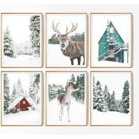 Christmas Wall Art Set Of 6 Large Winter Prints Log Cabin Poster Snowy Of Piece Gallery Print Moose  | Etsy (US)