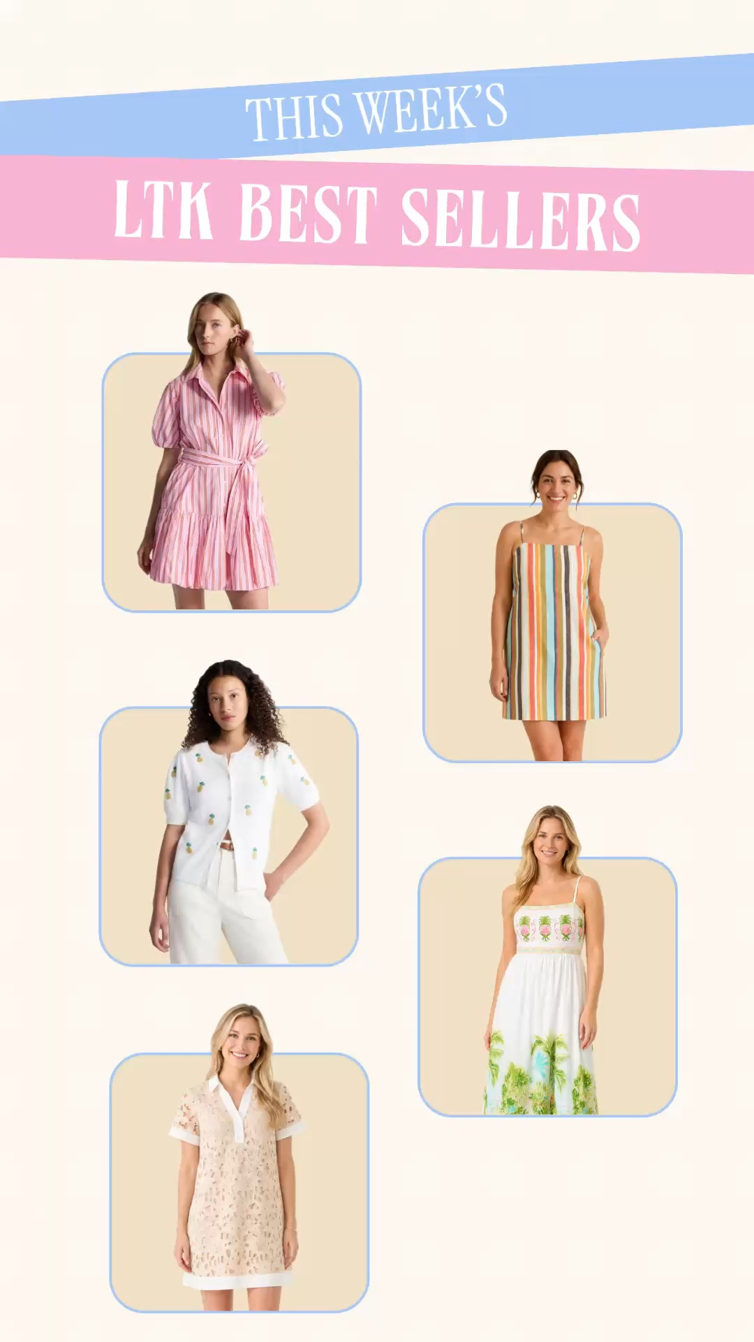 LTK best sellers | summer outfits | summer dresses | Walmart finds | Target finds | designer look for less

This week’s LTK best sellers are: cotton dresses, designer-looking sale finds, bright resort pieces, and under-$50 look-for-less moments. 

The Walmart striped shirtdress took off because it gives J.Crew meets Boden energy in 100% cotton: puff sleeves, collar, belt, stripes, pockets, and that polished summer dress silhouette.

The Target striped mini is the Staud-inspired find everyone understood immediately: colorful market stripes, cotton-linen feel, square neckline, side pocket, and vacation outfit energy for a Target price.

The Walmart pineapple beaded cardigan that turns white denim, skirts, shorts, and work pants into a full outfit. Preppy, feminine, novelty-cardigan cute, and easy for summer outfits, teacher outfits, and casual work outfits.

The Farm Rio meets Lilly Pulitzer maxi gives resort dress drama: pink-and-green pineapple details, tropical palm print, 100% cotton, pockets, and major vacation dress / beach vacation outfit energy.

The Tuckernuck Collier look for less made the list because a $35 eyelet mini dress with a collar, contrast trim, and fully lined body is the kind of sale find that does not sit.

Shop these if you’re searching for summer dresses, summer outfits, Walmart fashion finds, Target style, Target finds, vacation outfits, wedding guest dress ideas, preppy summer style, resort wear, going viral fashion finds, designer look for less, Staud look for less, Tuckernuck look for less, Farm Rio inspired dress, Lilly Pulitzer inspired dress, J.Crew inspired dress, and affordable elevated summer outfits.

#LTKFindsUnder50 #WalmartStyle #PreppyStyle #LookForLess #WalmartFinds #TargetStyle #SummerOutfits #SummerDresses #TargetStyle #GoingViral

#LTKPetite #LTKSeasonal #LTKWorkwear