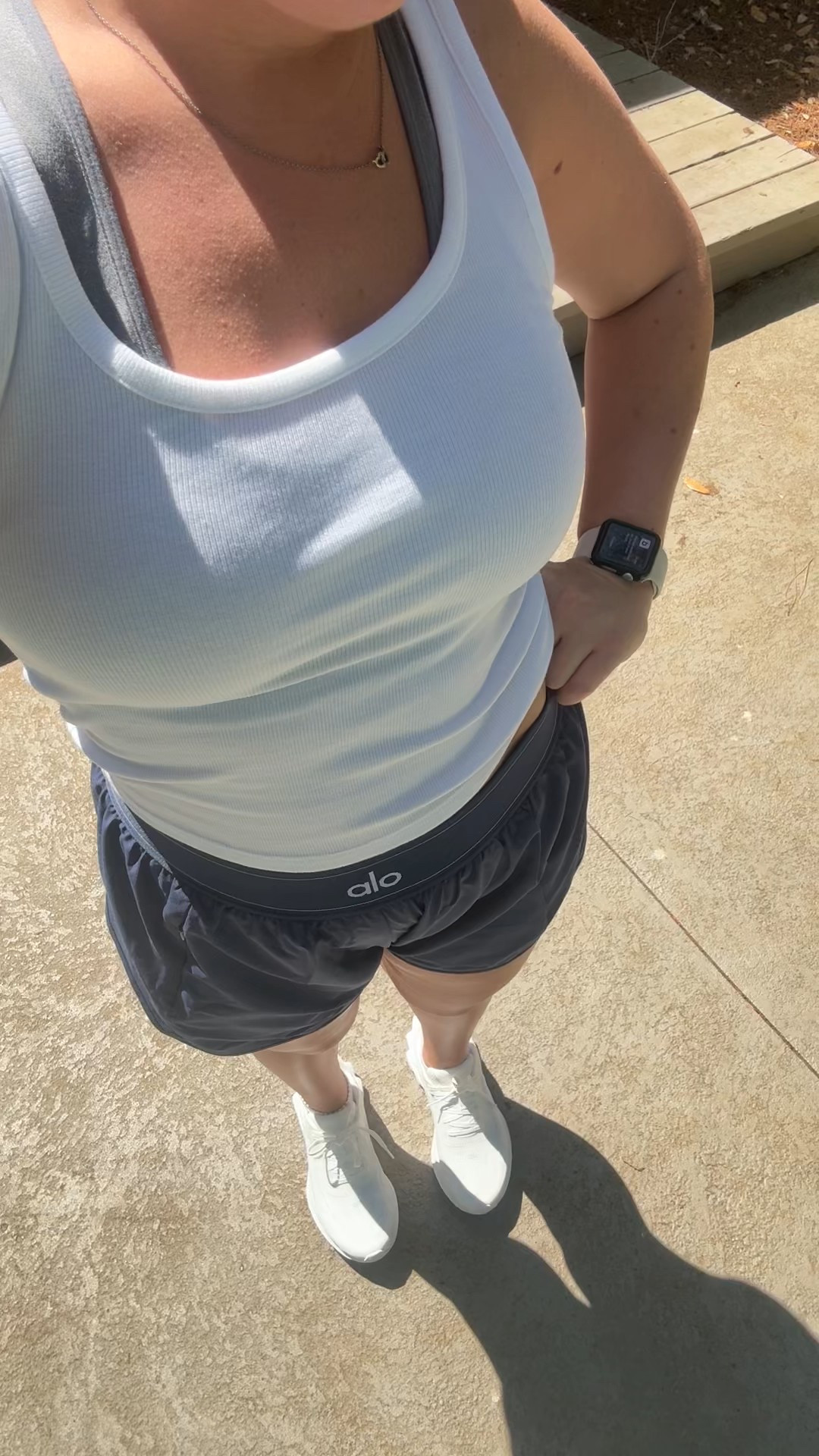 Alo Yoga is having a 30% off sale right now!
Shorts and running shoes are Alo Yoga
Tank is Marshalls but I linked a similar one on Dicks and tank is Old Navy

This is my typical walking fit - the shorts are SO comfortable for anything active. 

 #LTKActive #LTKPetite #LTKStyleTip