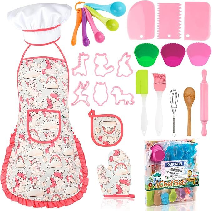 KAEGREEL Kids Baking Chef Set with Unicorn Apron, 26pcs Kid Cooking Set with Chef Hat Spoons Whis... | Amazon (CA)