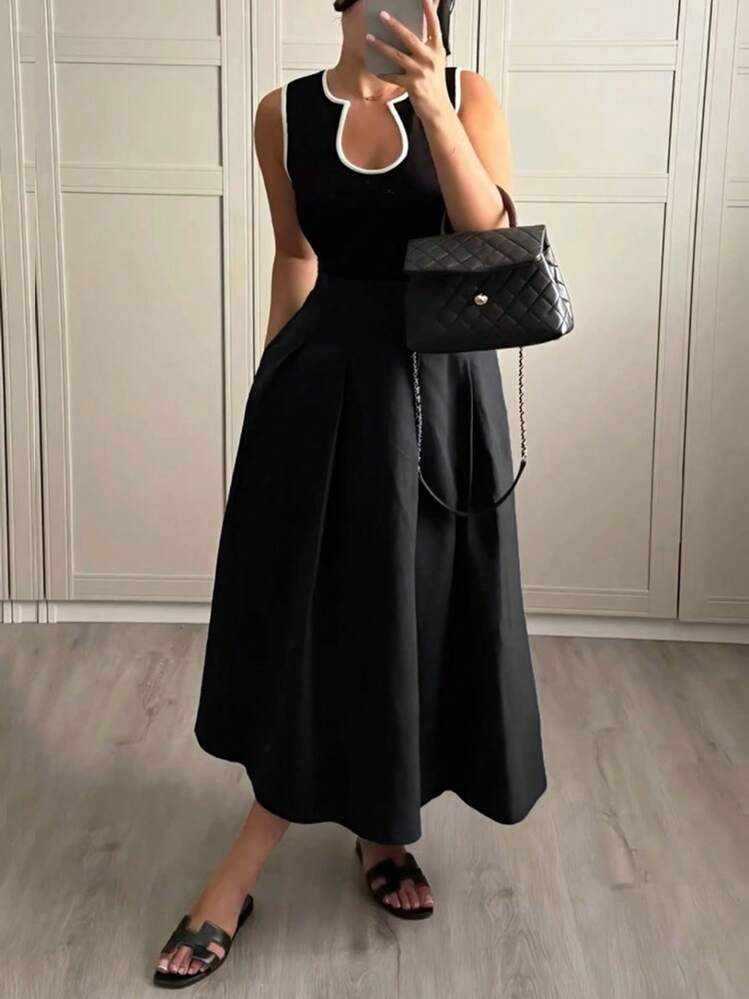 Siren Gaze Solid Color U-Neck Waist A-Hem Dress, Contrasting Trim Dress, Elegant Women's Dress, Women's Office/Commuting Wear | SHEIN