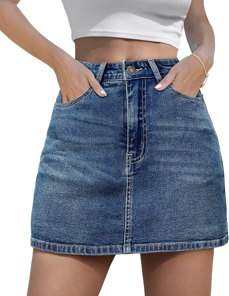Women's Denim Mini Skort High Waisted Stretch Casual Jean Skirt Shorts 5 Pockets | Amazon (US)