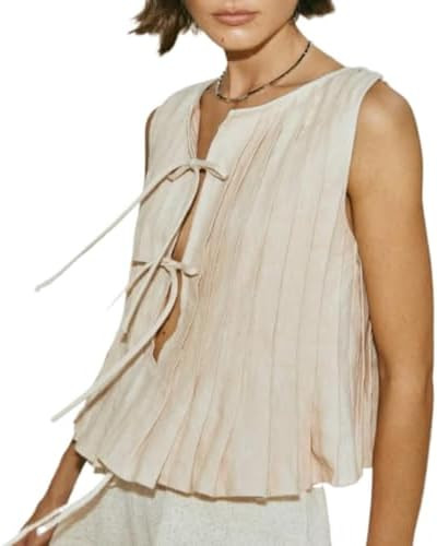 Linen Bow Tie Front Tank Top Women Coquette Pleated Peplum Blouse Y2K Babydoll Ruffle Shirt Sleev... | Amazon (US)