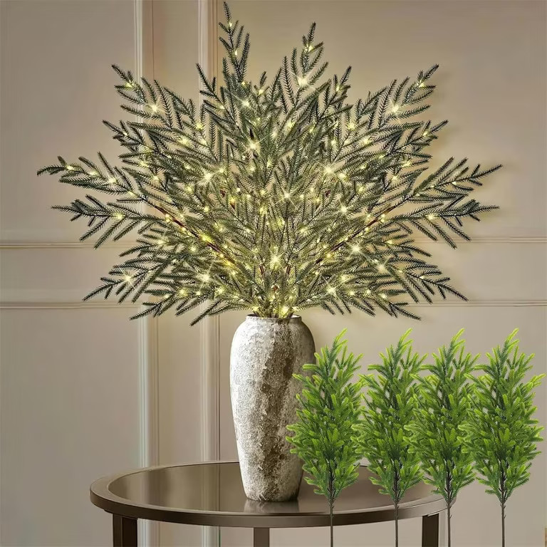 35 Inch Lighted Norfolk Pine Branches, 4-Piece Set with Warm LED Lights, Artificial Greenery Stem... | Walmart (US)