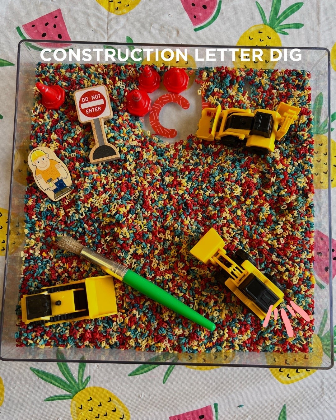 Followed my child’s interest in construction to sneak in some letter learning. I dyed the alphabet pasta with food coloring.

#LTKKids