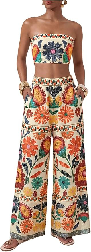 Amazon.com: Floerns Women's 2 Piece Outfit Tropical Bow Cropped Tube with Summer Wide Leg Pants S... | Amazon (US)