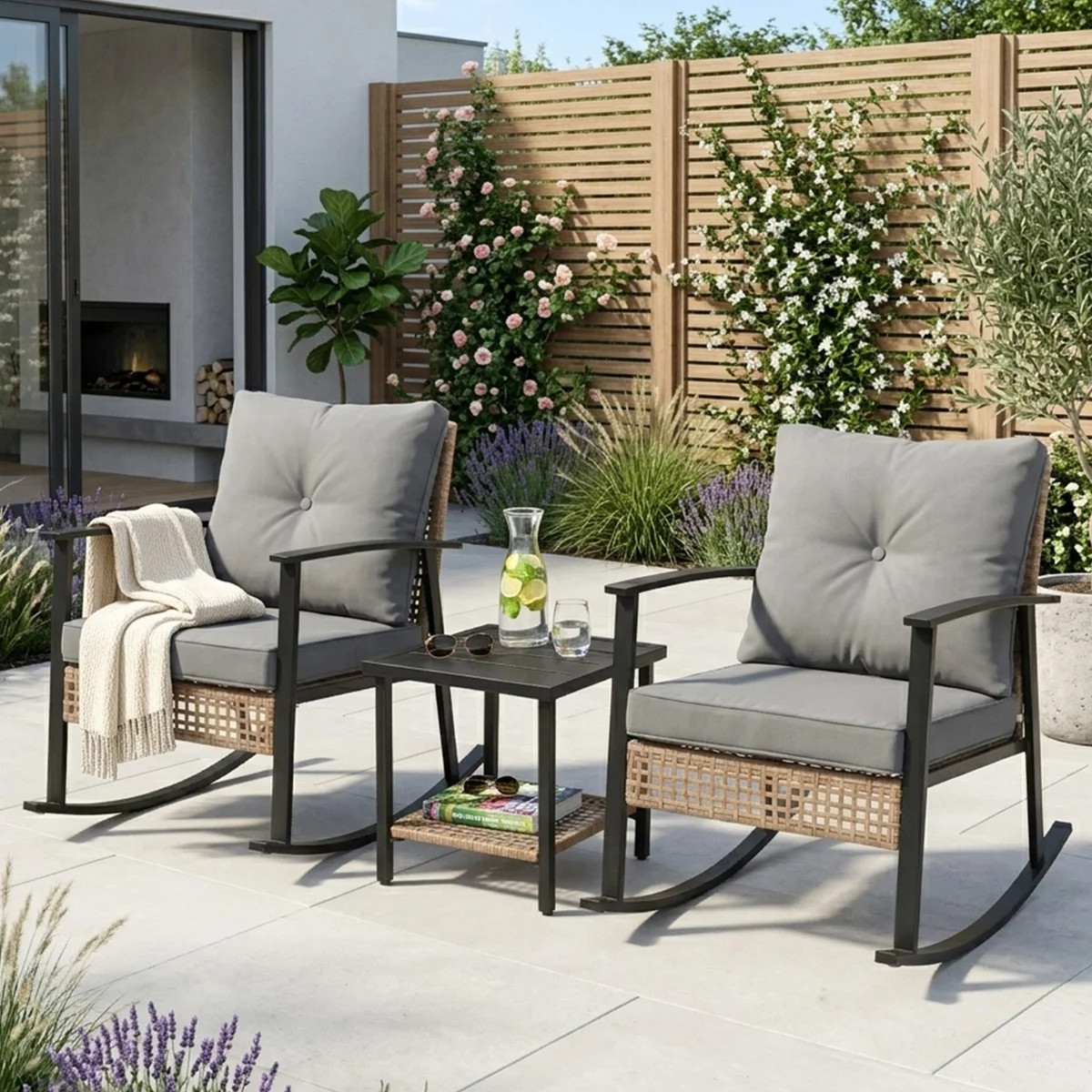 3-Piece Wicker Patio Rocking Chair Set with Cushions & Coffee Table for Porch or Balcony | Wayfair North America