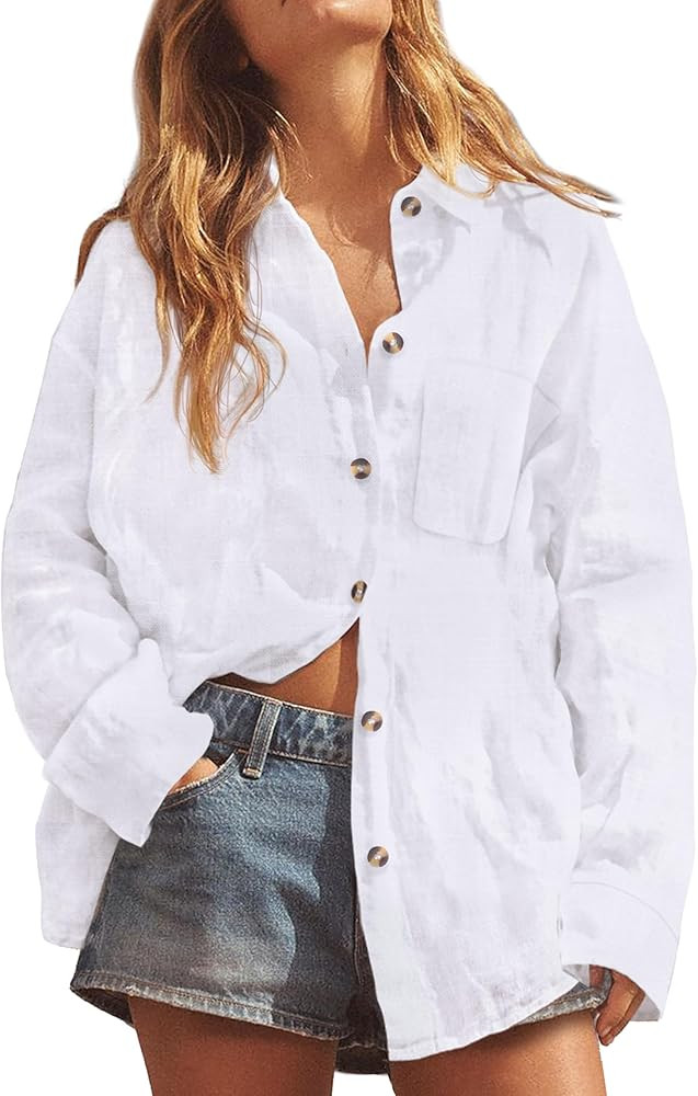 Women's Cotton Linen Button Down Shirt V Neck Roll Up Long Sleeve Collared Blouse Loose Fit Casua... | Amazon (US)