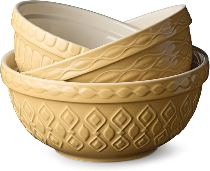 Vintage Farm Stoneware Mixing Bowl Set, 3-Piece, Includes 2 Qt, 3 Qt & 4.25 Qt Bowls, Embossed Pa... | Amazon (US)